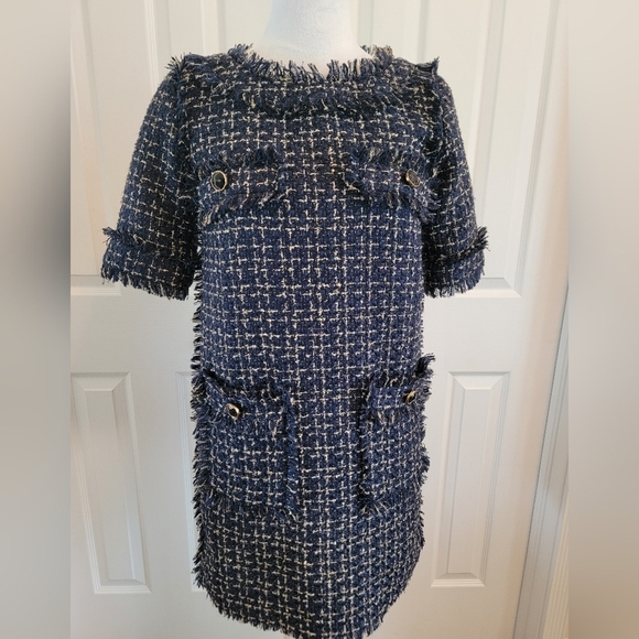 "Chanel Style" Unbranded Navy And Gold Tweed Fully Lined Shift Dress Size 2 - Picture 1 of 12